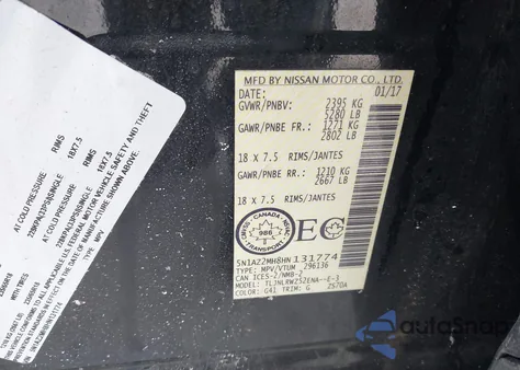 2017 Nissan Murano Platinum/S/Sl/Sv из США, поврежденный, VIN 5N1AZ2MH8HN131774